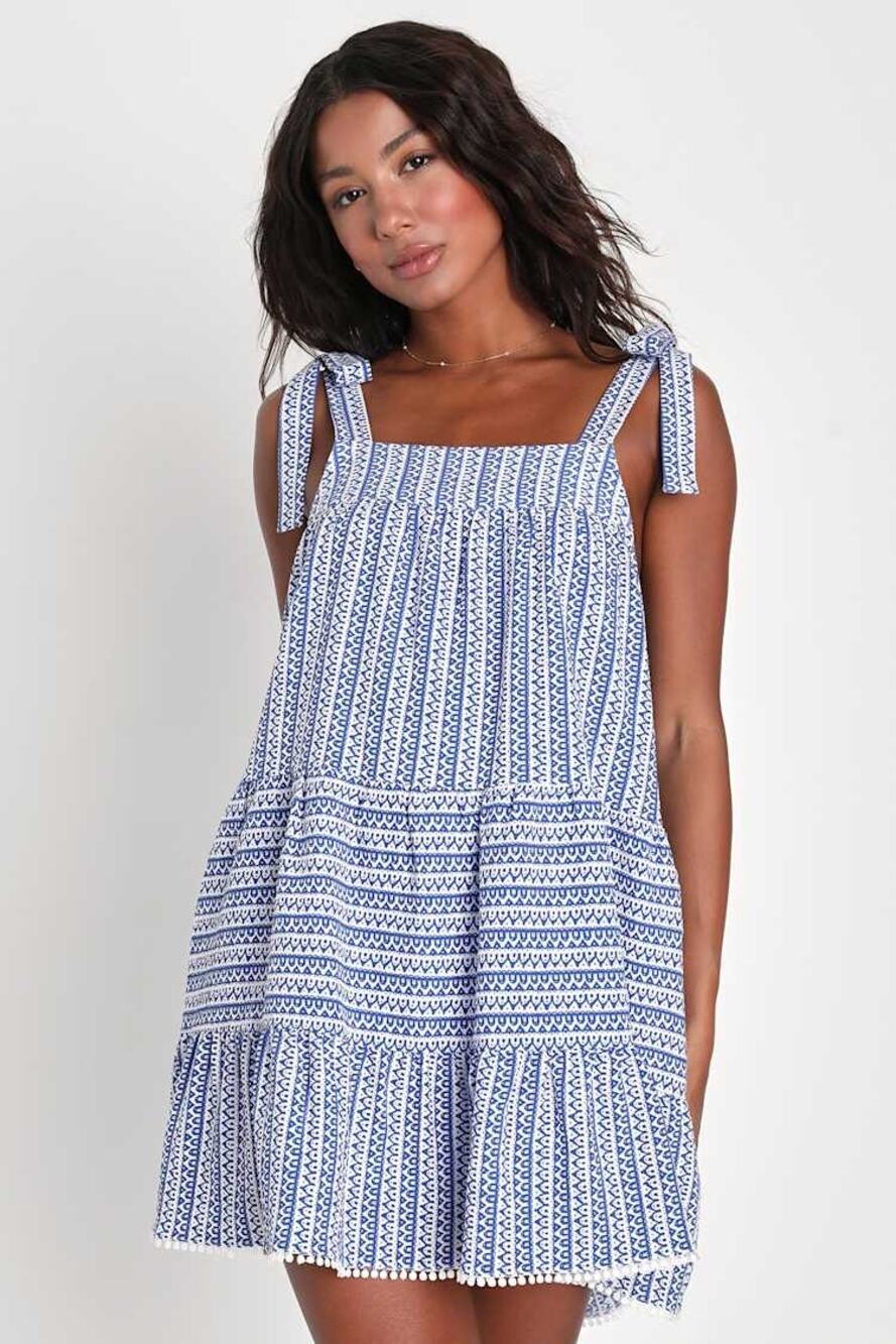 NWT Lulus Chic in Santorini Blue & White Tie-Strap Dress With Pockets Swing Sz S
